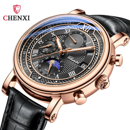 Chenxi 976 Men’s Leather Chronograph Watch – Phase of the Moon, Luminous Quartz Date Timepiece, Business Reloj para Hombres