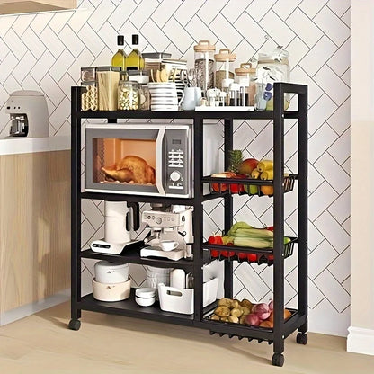 Heavy-Duty 4-Tier Metal Mesh Basket Rack — Rolling Storage Organizer with Locking Wheels for Kitchen & Restaurant Vegetables