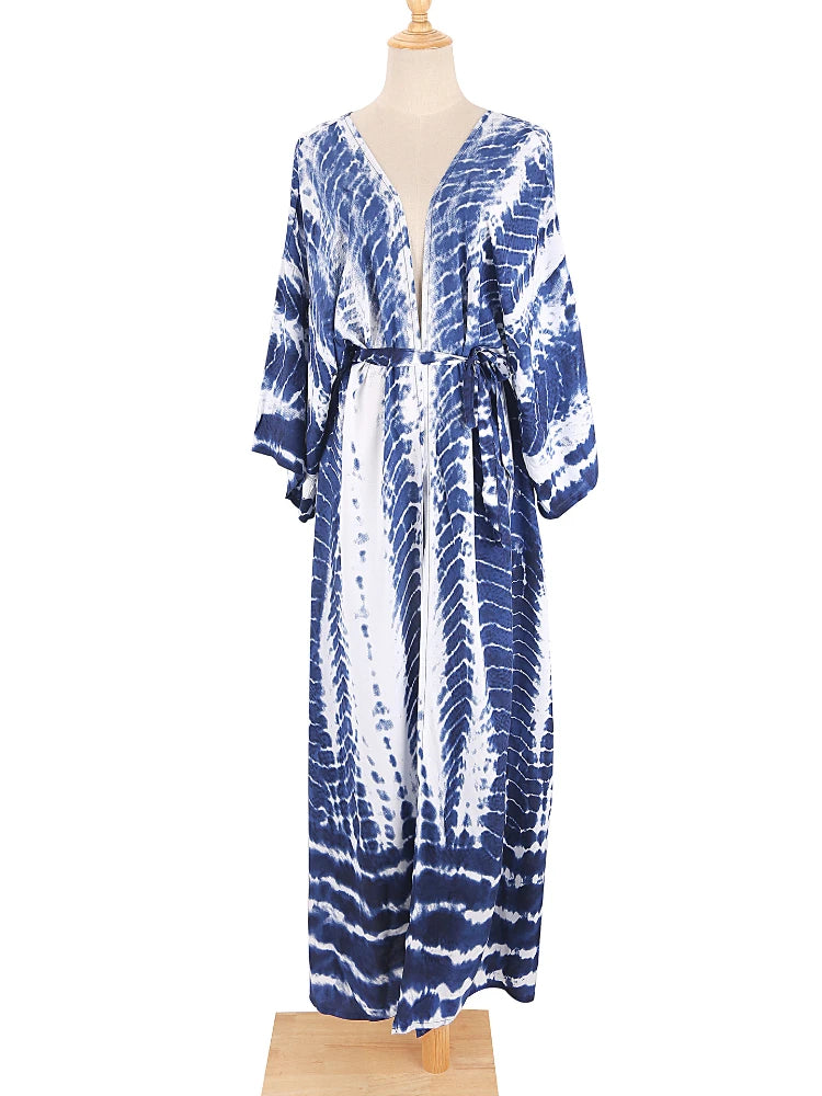 Tie-Dye Bikini Cover Up Kimono – Bohemian Beach Swimsuit Cape Pareo Dress with Belted Wrap Style Summer Swimwear Cover-Up