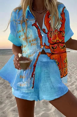 Women’s Summer 2-Piece Set – Lapel Short-Sleeve Shirt & Shorts, Elegant Loose Printed Outfit