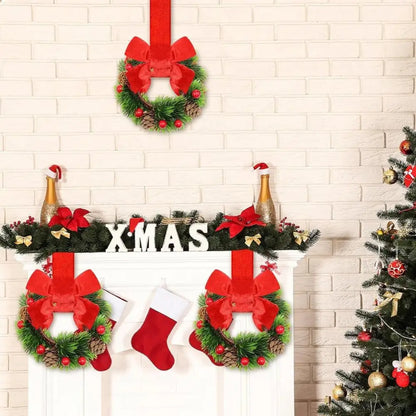Set of 6 Mini Christmas Cabinet Wreaths with Ribbon Bows – Artificial Farmhouse Holiday Party Decorations