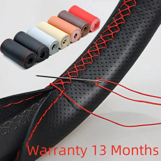 Universal Leather Car Steering Wheel Cover - DIY Stitch-On Wrap, Fits 38cm/14" Wheels, Breathable and Anti-Slip - Available in Black, Grey, Beige