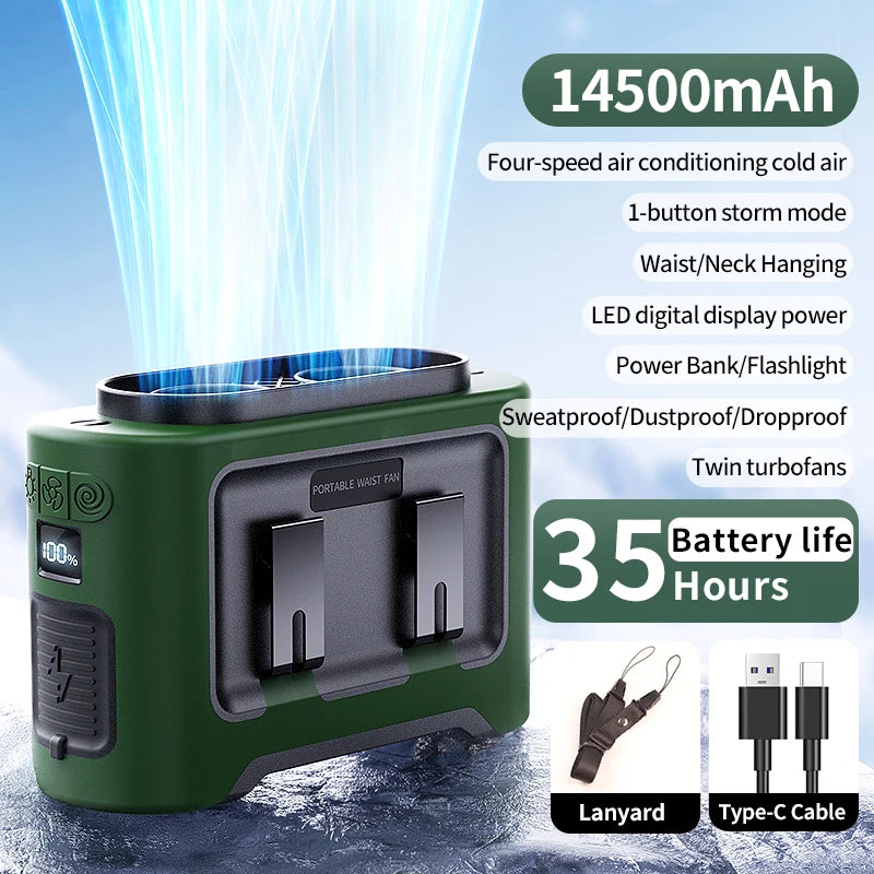 Socoolfan 14500mAh Portable Waist & Neck Fan – Dual Air Vent Strong Cooling Fan for Outdoor Work, Travel & Sports