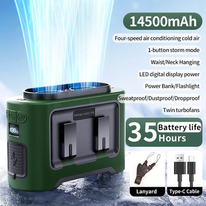 Socoolfan 14500mAh Portable Waist & Neck Fan – Dual Air Vent Strong Cooling Fan for Outdoor Work, Travel & Sports