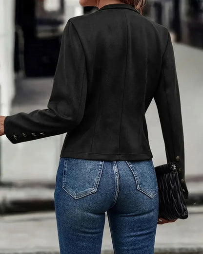 Vintage Women's Black Double-Breasted Jacket Coat – Casual Long-Sleeve Deerskin Fashion for Fall & Winter