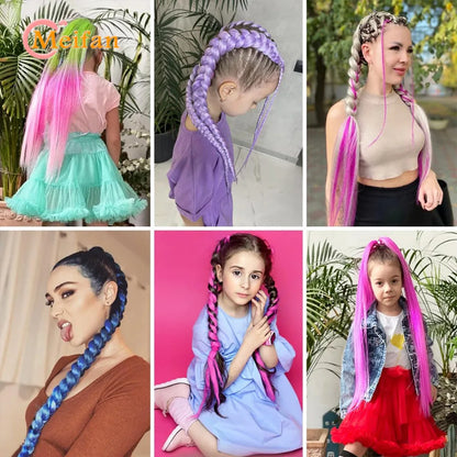 MEIFAN Synthetic Color Braid Ponytail Extension – Red, Green, Blue, Pink, Straight Hair Wrap Around with Elastic Tie
