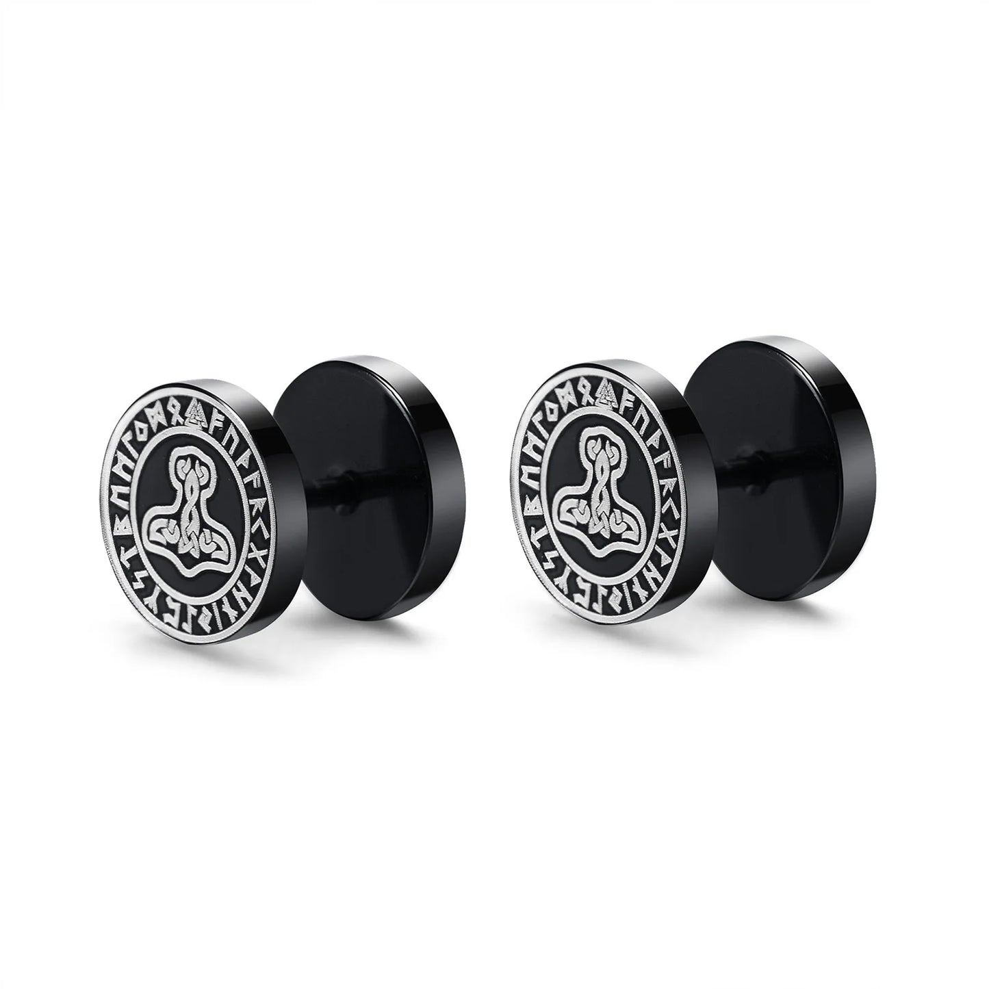 Vnox Men's Viking Black Stud Earrings - Vegvisir & Norse Valknut, Cool Punk Stainless Steel Set