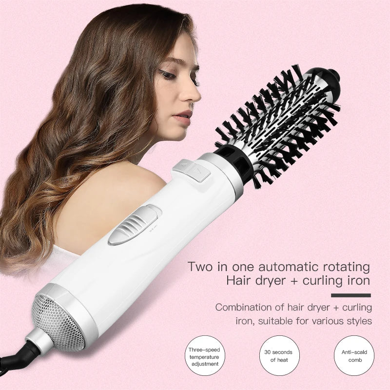 Automatic Rotating Hot Air Brush 2-in-1 – 360° Curling Iron & Hair Dryer Comb for Salon-Style Styling