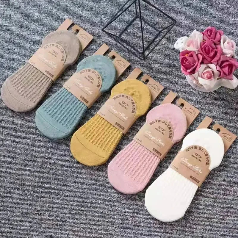5 Pairs Women's Silicone Invisible Boat Socks - Summer Solid Color Ankle Socks, Soft Cotton Slipper, Size 35-40 EUR