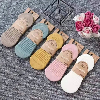 5 Pairs Women's Silicone Invisible Boat Socks - Summer Solid Color Ankle Socks, Soft Cotton Slipper, Size 35-40 EUR