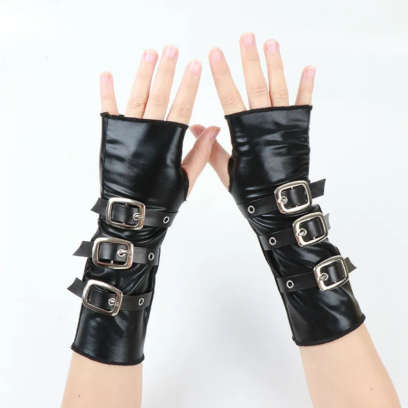 Women Gothic Fingerless Gloves – Black Half Finger Short Leather Gloves with Metal Buckle Wristband, Punk Style Arm Sleeves & Fashion Accessories