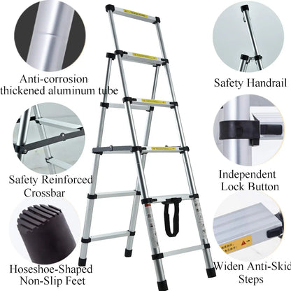 5+6 Step Telescopic Ladder – Multi-Purpose Folding Aluminium Ladder, Extendable & Portable Stair Ladder for Home & Work Use