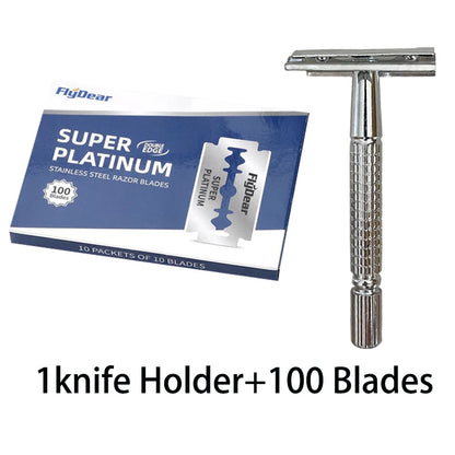 Double Edge Beard Shaver Set – Men's Classic Stainless Steel Razor with Trimmer Blades and Storage Box