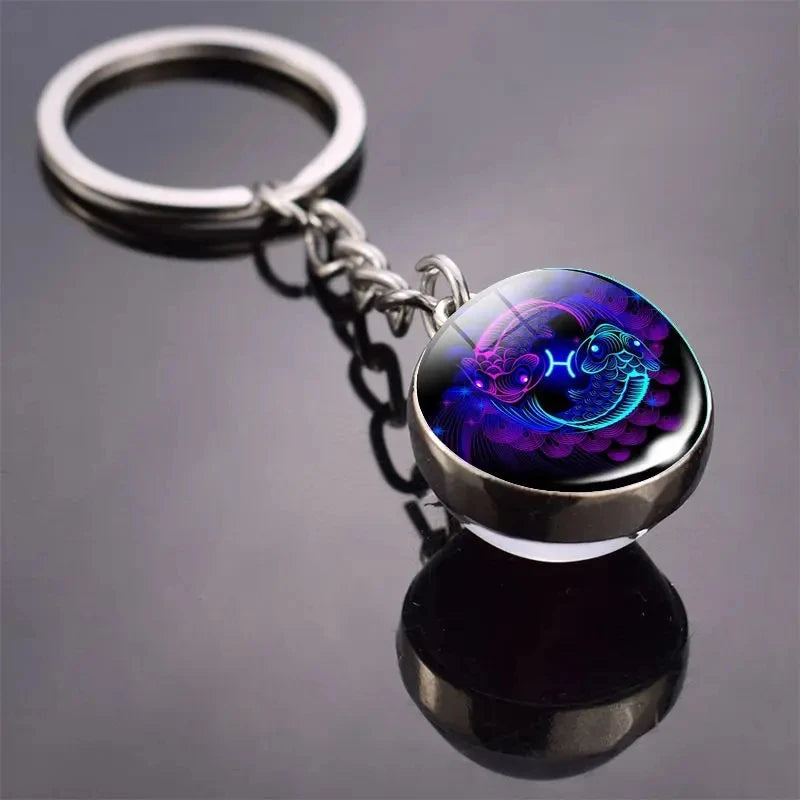 S12 Constellation Keychain – Luminous Double-Sided Zodiac Glass Ball Pendant for Men & Women