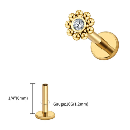 Right Grand ASTM F136 Titanium 16G Mini Beaded Sun Labret Stud CZ Flower – Tragus, Helix, Conch & Nose Piercing Body Jewelry