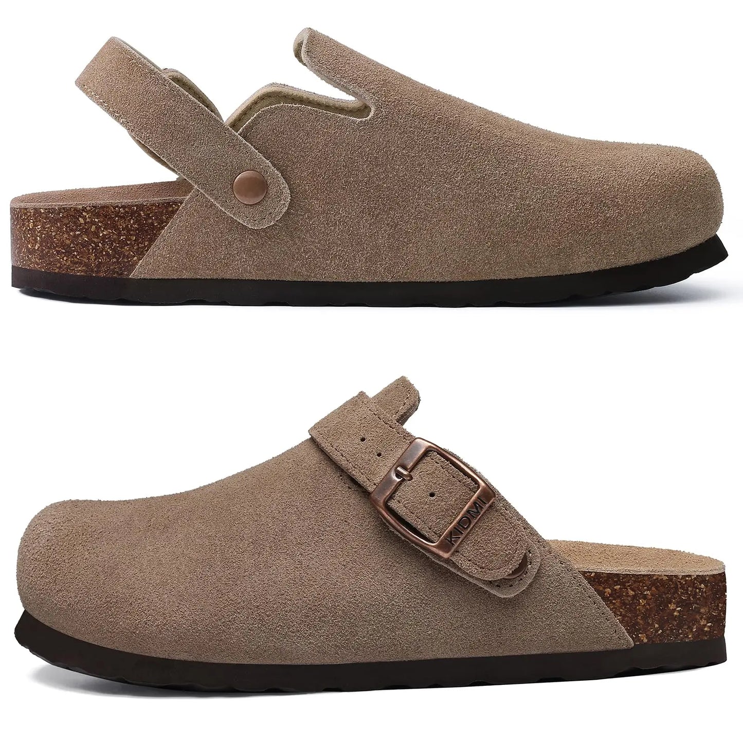 Asgard Women’s Genuine Leather Clogs – Soft Cork Footbed Cow Suede Mules with Adjustable Strap, Fashion Comfort Slip-On Slippers
