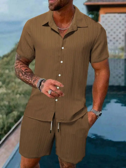 Men's Striped Jacquard Beach Shirt & Shorts Set — Spring Summer Casual Loose Fit, Europe & US Style