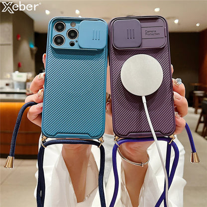 Slide Camera Protection Crossbody MagSafe iPhone Case with Lanyard – Magnetic Silicone Cover for iPhone 11–16 Pro/Pro Max