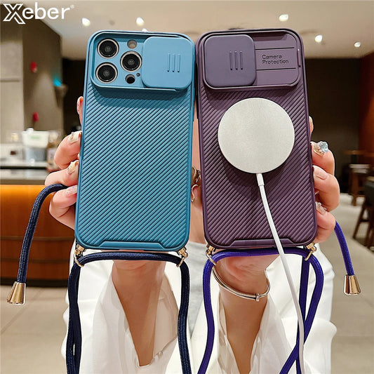 Slide Camera Protection Crossbody MagSafe iPhone Case with Lanyard – Magnetic Silicone Cover for iPhone 11–16 Pro/Pro Max