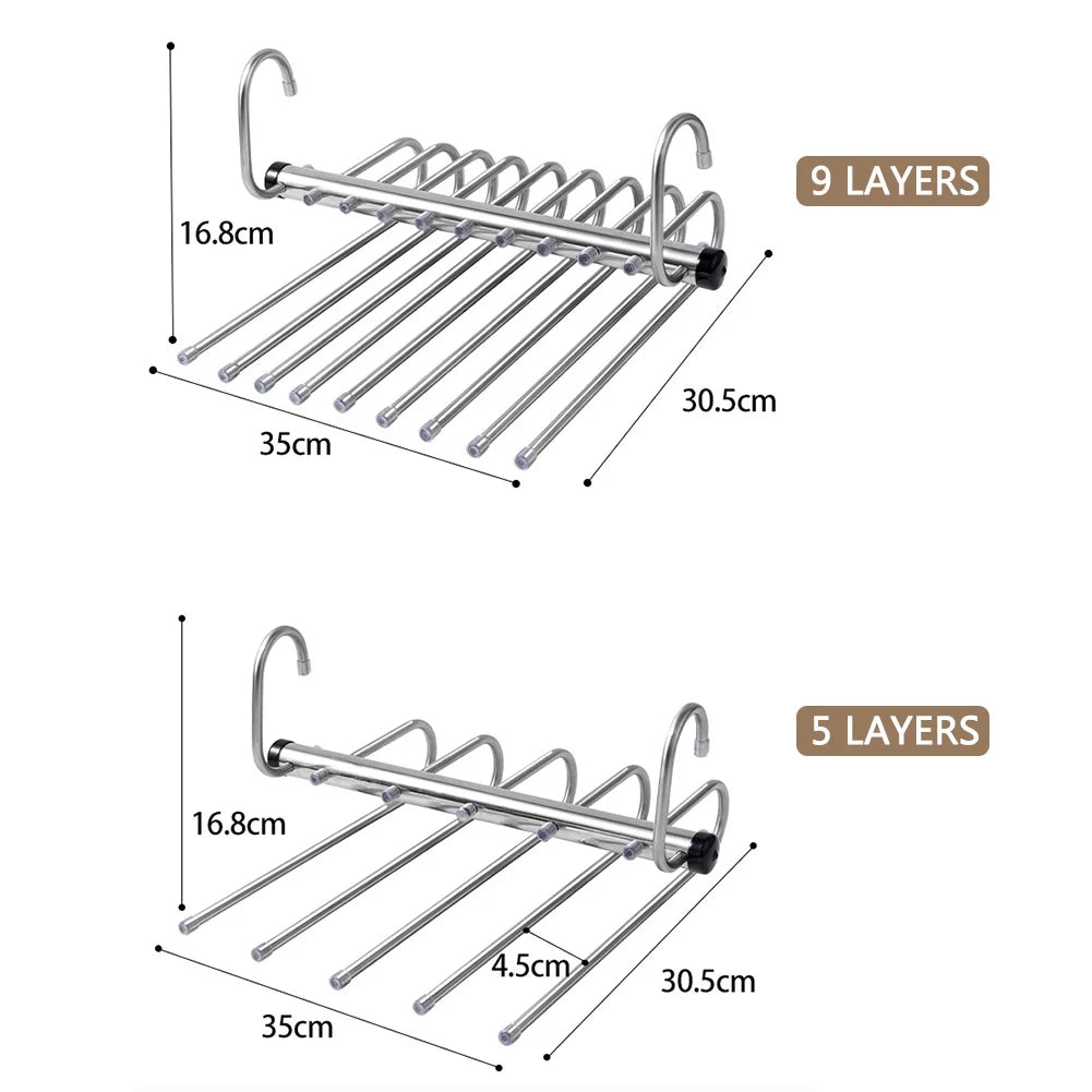 Stainless Steel Multi-Tier Pants Hanger — 5/9 Tier Space-Saving Closet Organizer for Jeans, Trousers, Scarves & Clothes