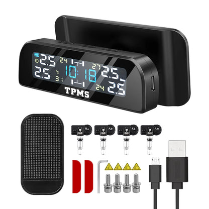 Solar TPMS Tire Pressure Monitoring System – 4-Wheel External Sensors with Temperature Alarm for Car Tyre Safety