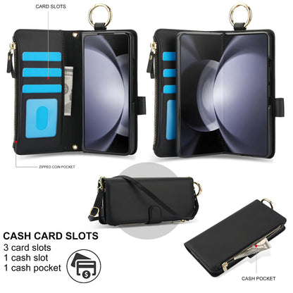 Crossbody Leather Wallet Case with Card Slots, Zipper & Kickstand for Samsung Galaxy Z Fold 3/4/5/6 – Wristband & Ring Holder
