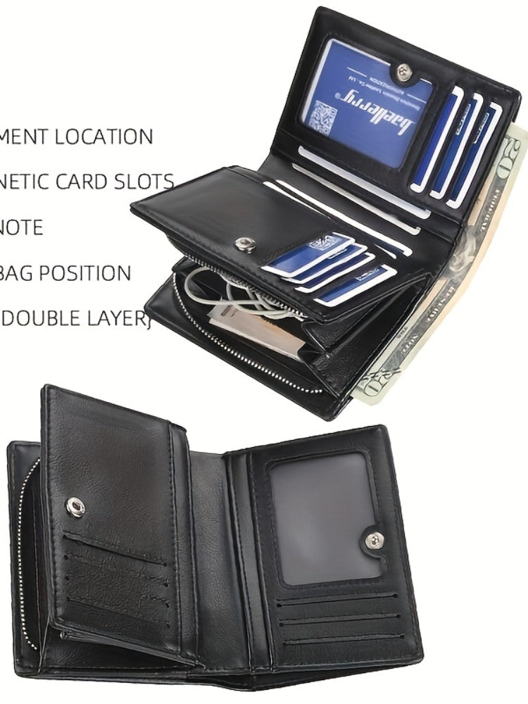 Men’s PU Leather Short Wallet – Vintage Zipper Coin Pocket, Large Capacity Money & Card Holder