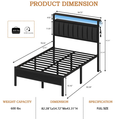 Full/Queen LED Bed Frame – Platform Bed with Soft Cushioned Headboard and Built-In Charging Station