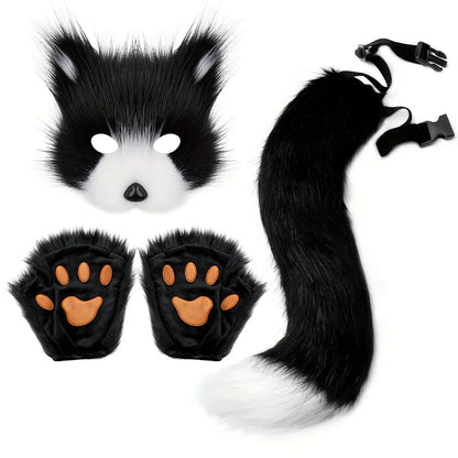 5pcs Fluffy Fur Fox Tail & Cat Paws Gloves Set — Wolf Mask Halloween Cosplay Costume Accessories for Theme Party Dress-Up
