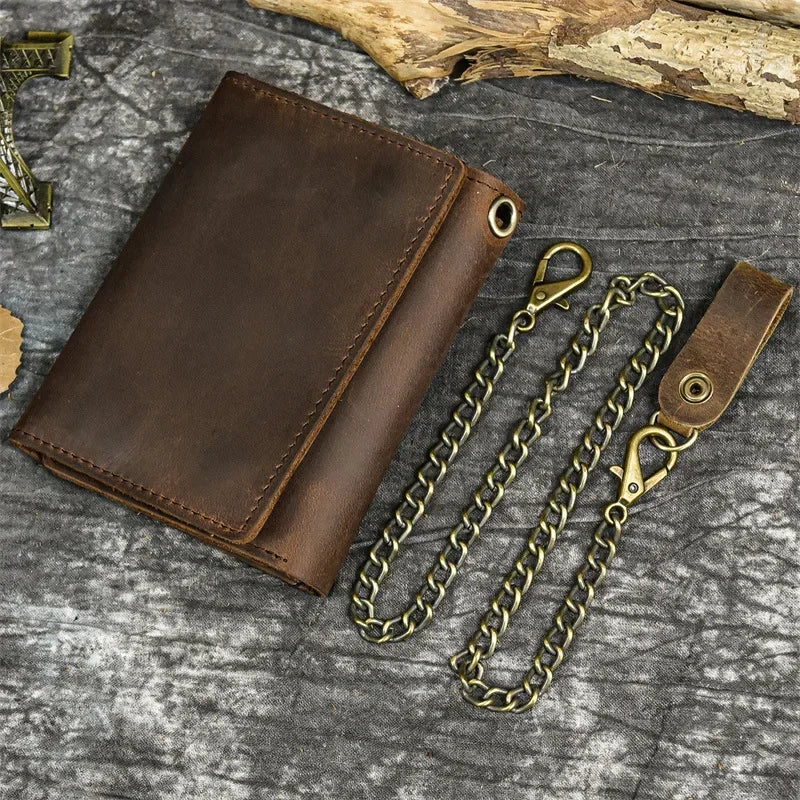 Men’s Genuine Leather Short Wallet with Chain – Trifold Zipper Clutch, Card Holder & Coin Purse