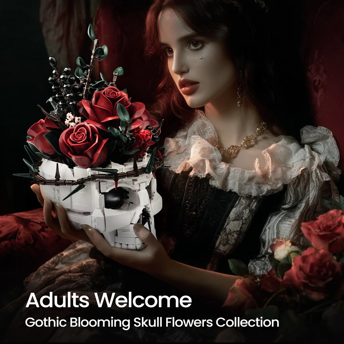 Skull Roses Bouquet Building Set – Gothic Skeleton Flower Pot Blocks for Horror Home Decor & Adult Christmas Gift