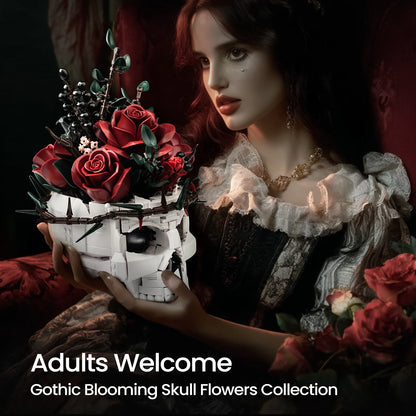 Skull Roses Bouquet Building Set – Gothic Skeleton Flower Pot Blocks for Horror Home Decor & Adult Christmas Gift
