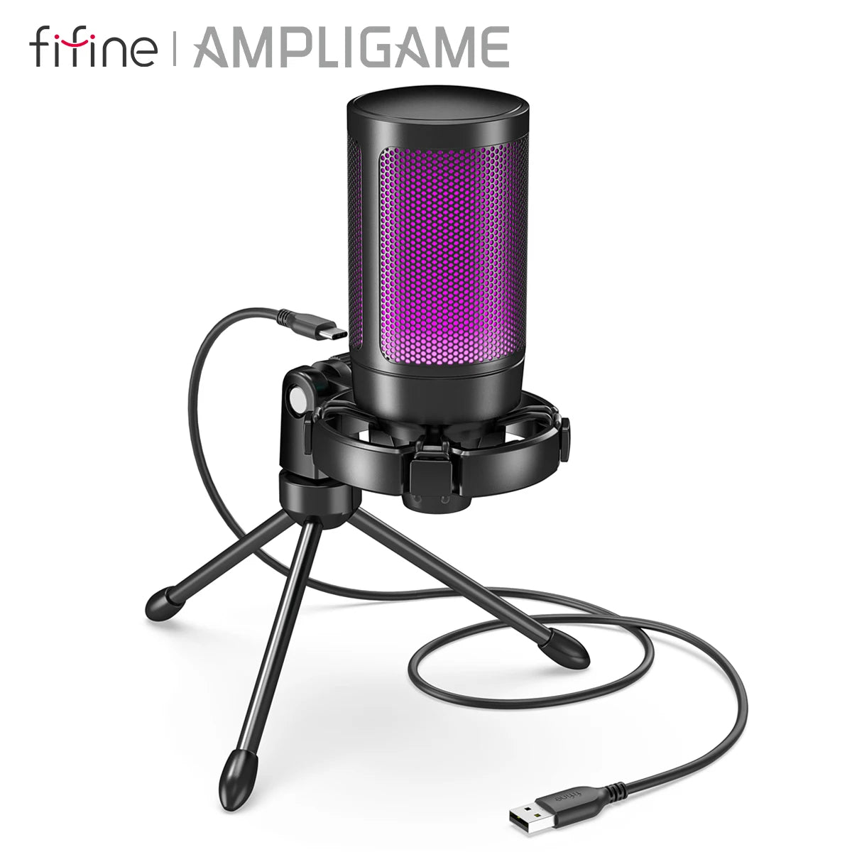 FIFINE AmpliGame A2 RGB USB Gaming Microphone with Mute Touch, Condenser Mic with Tripod for PC PS4 PS5 Laptop Streaming