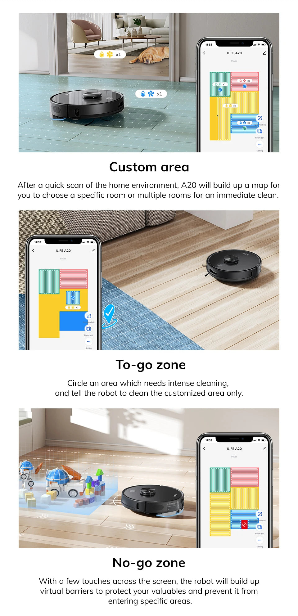 ILIFE A20 Robot Vacuum and Mop Combo – LiDAR Navigation, 3000Pa Suction, Smart Mapping, App/Alexa Control, Ideal for Pet Hair