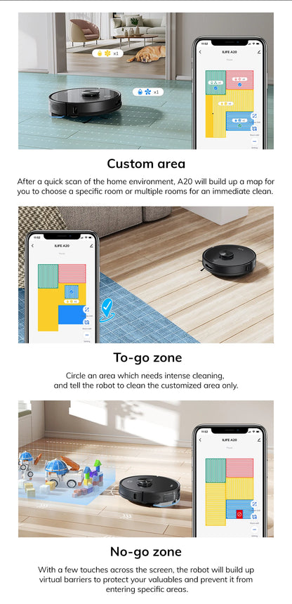 ILIFE A20 Robot Vacuum and Mop Combo – LiDAR Navigation, 3000Pa Suction, Smart Mapping, App/Alexa Control, Ideal for Pet Hair