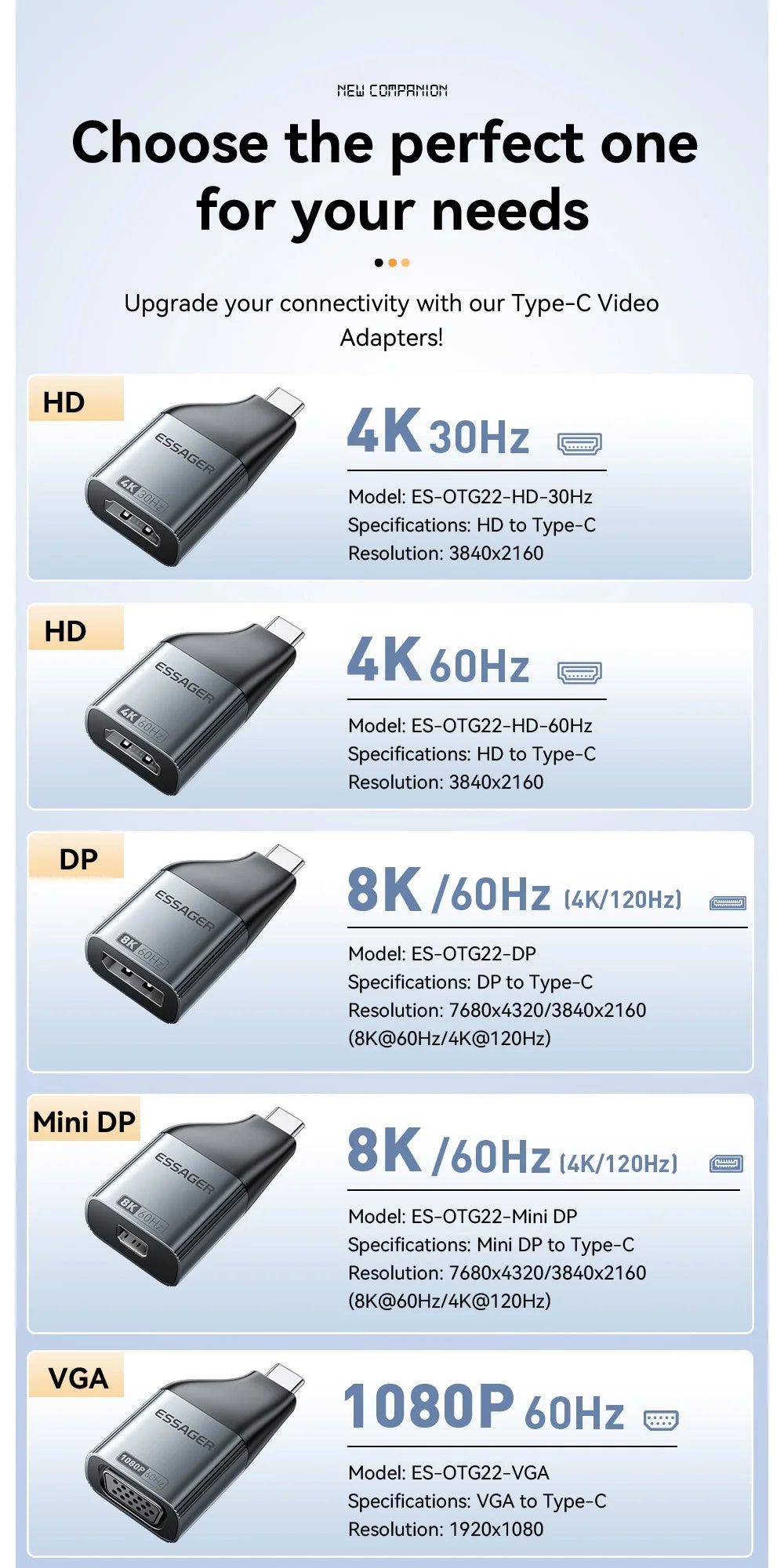 Essager USB-C to HDMI/DP/VGA Adapter – 4K@120Hz 8K@60Hz Video Converter for MacBook & TV Box