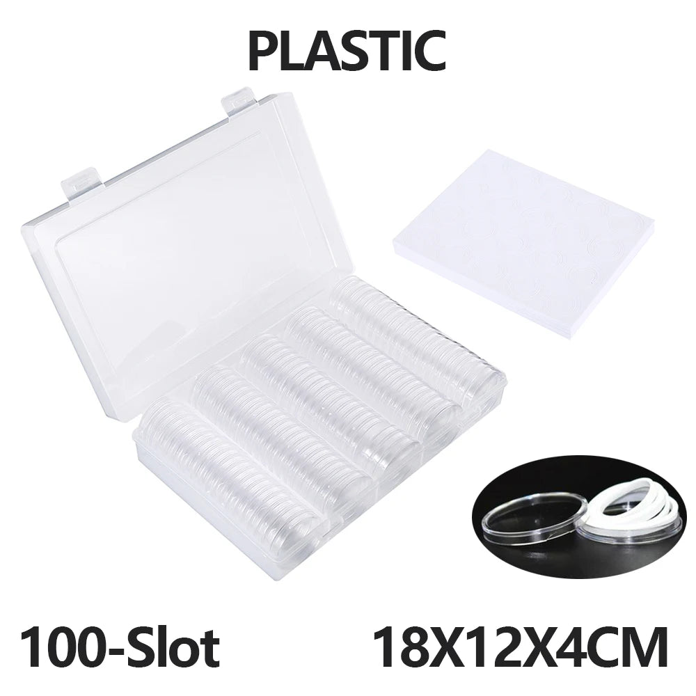 100pcs Clear Coin Capsules – Adjustable Universal Storage Box with Pads for Commemorative Coins & Medals