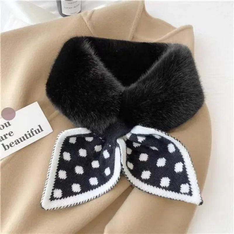 Women’s Winter Faux Fur Scarf - Warm Plush Rabbit Fur Collar Snood with Wool Stitching