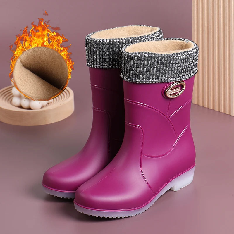 Women’s Fashion Mid-Tube Rain Boots – Wear-Resistant, Waterproof Rubber Shoes with Thick Sole, Non-Slip & Cotton Lining