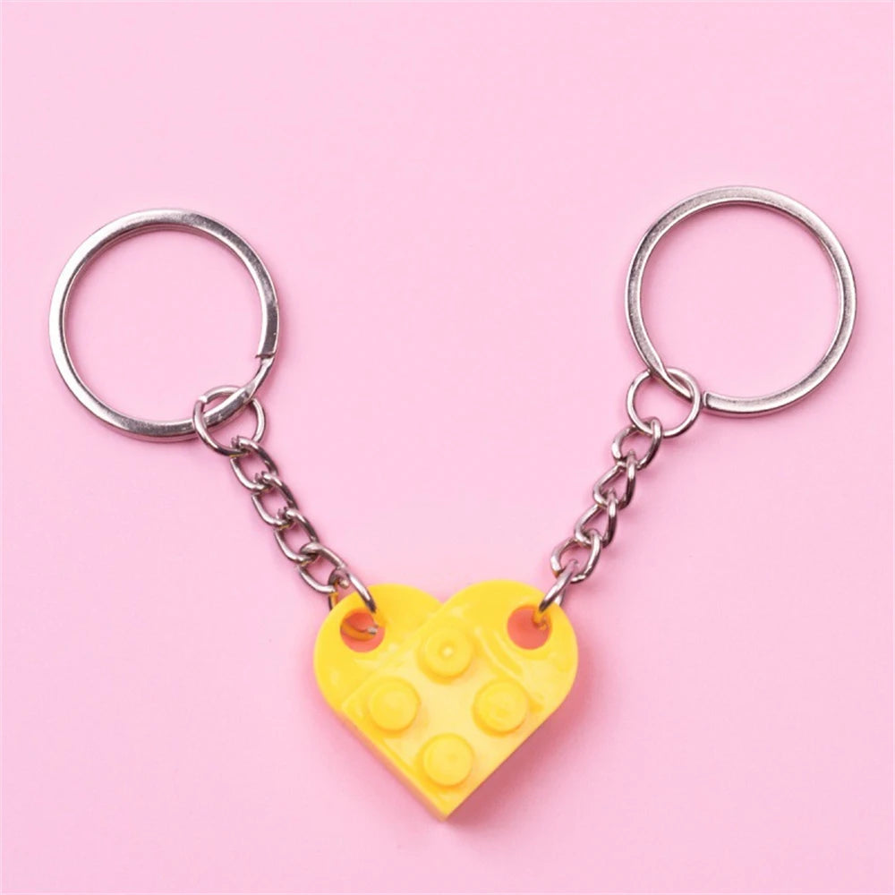 2-Piece Love Heart Brick Keychain Set - Matching Couple and Friendship Building Block Key Rings, Valentine’s Day Gifts
