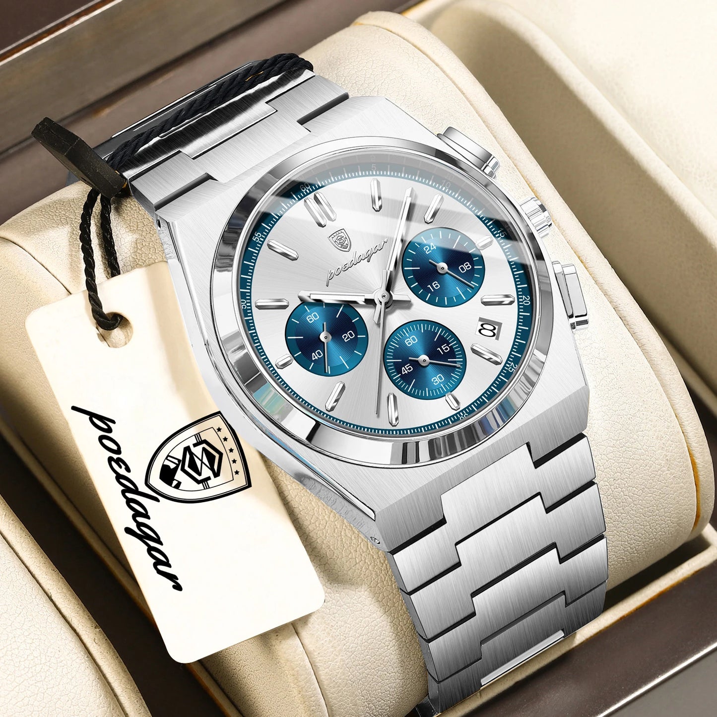 POEDAGAR Luxury Men’s Sport Chronograph Watch – Stainless Steel Waterproof Quartz Wristwatch with Date & Luminous Display