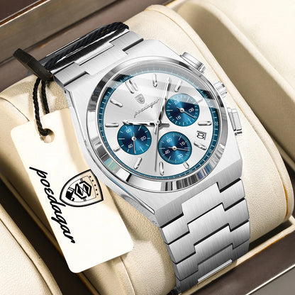 POEDAGAR Luxury Men’s Sport Chronograph Watch – Stainless Steel Waterproof Quartz Wristwatch with Date & Luminous Display