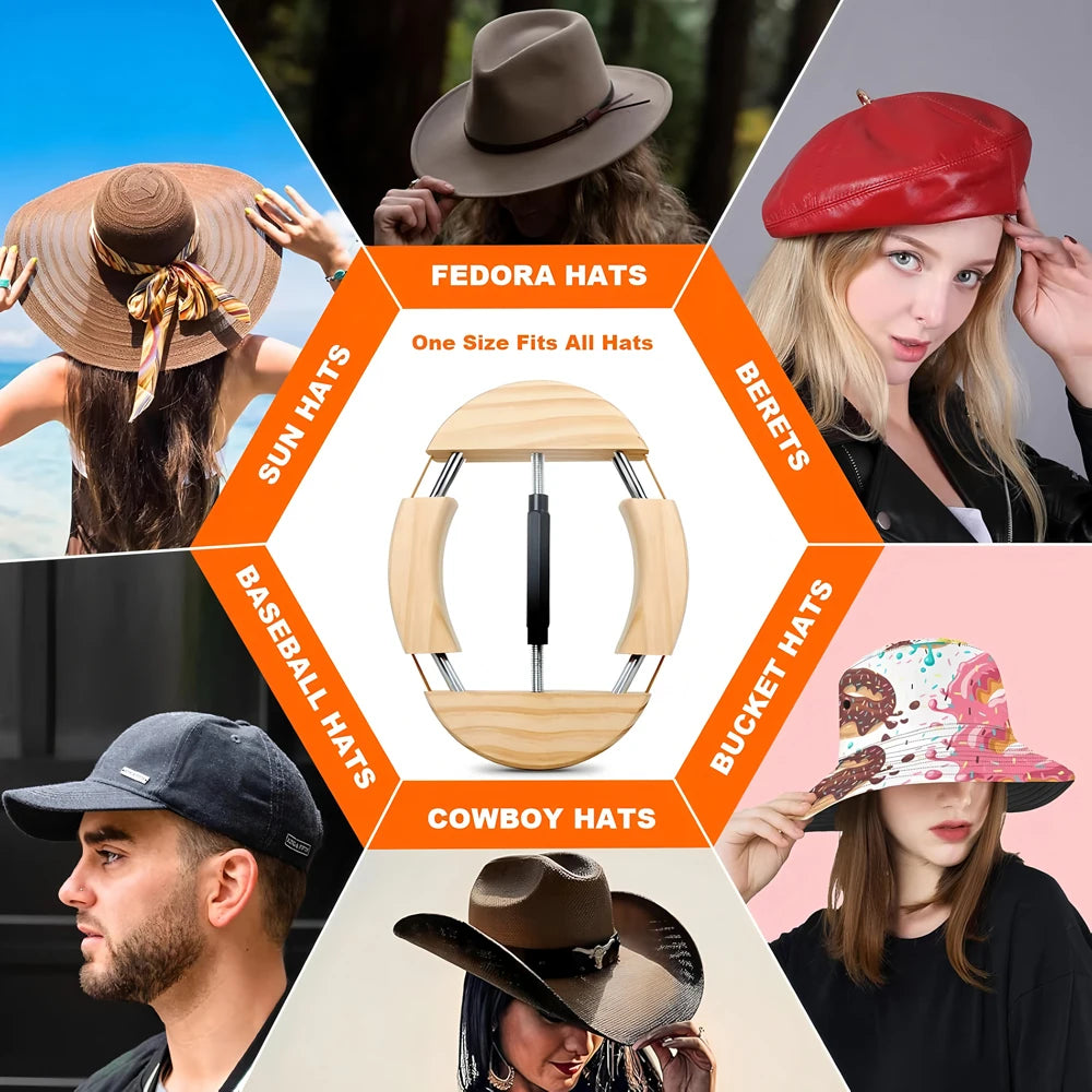 Repacego 4-Way Adjustable Wooden Hat Stretcher – Premium Fedora, Cowboy & Baseball Cap Shape Maintainer & Storage Rack