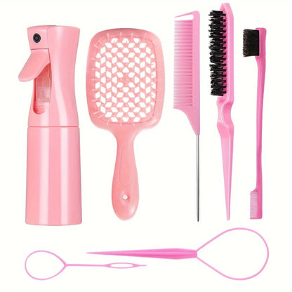 7PCS Hair Styling Kit – Detangler Brush, Bristle & Double-Sided Edge Brushes, Scalp Massager for All Hair Types, Salon Tools Set