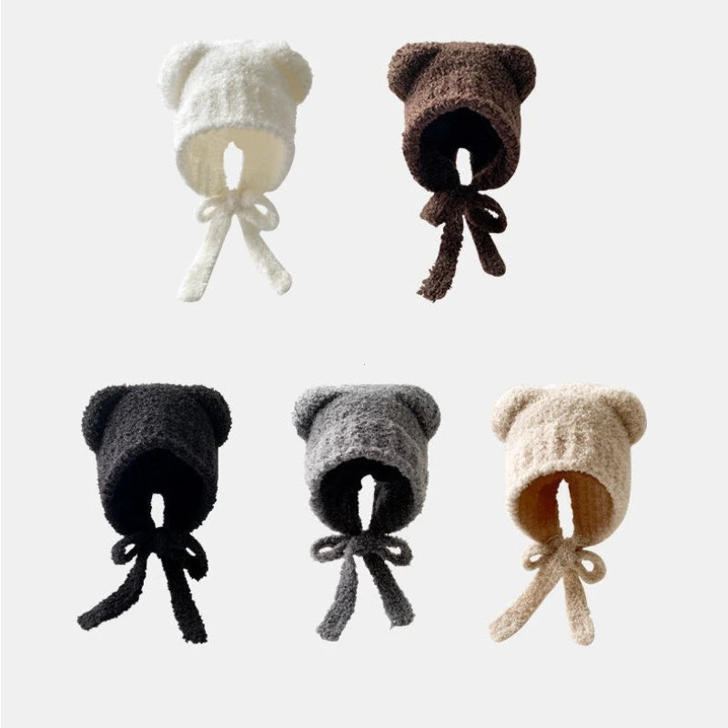 Bear Ear Knitted Winter Hat - Warm Lace-Up Ear Protection Cap for Women