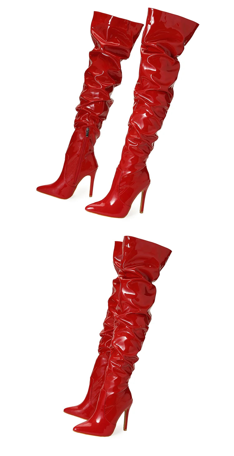 Eilyken Red Over-the-Knee Stiletto Boots for Women – Patent Leather Pointed Toe High Heel Zip-Up Shoes