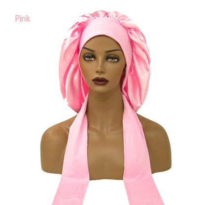 Satin Nightcap for Women - Wide Stretch, Extra-Large Long Tail, Shower Cap with Ribbon, Round Hat Hair Bonnet