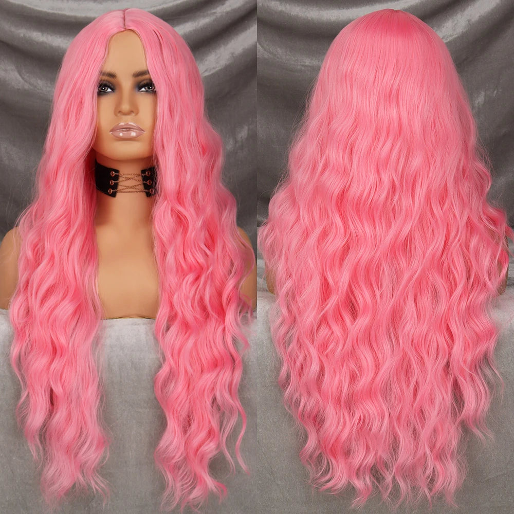 Long Wavy Green Synthetic Wig – Heat-Resistant Women's Cosplay, Party, Lolita Style, Half Part, Red/Black/Pink