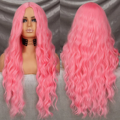 Long Wavy Green Synthetic Wig – Heat-Resistant Women's Cosplay, Party, Lolita Style, Half Part, Red/Black/Pink