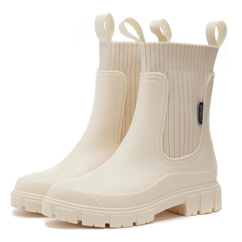 Women’s Mid-Calf PVC Rain Boots – Waterproof Solid Round Toe Platform Shoes